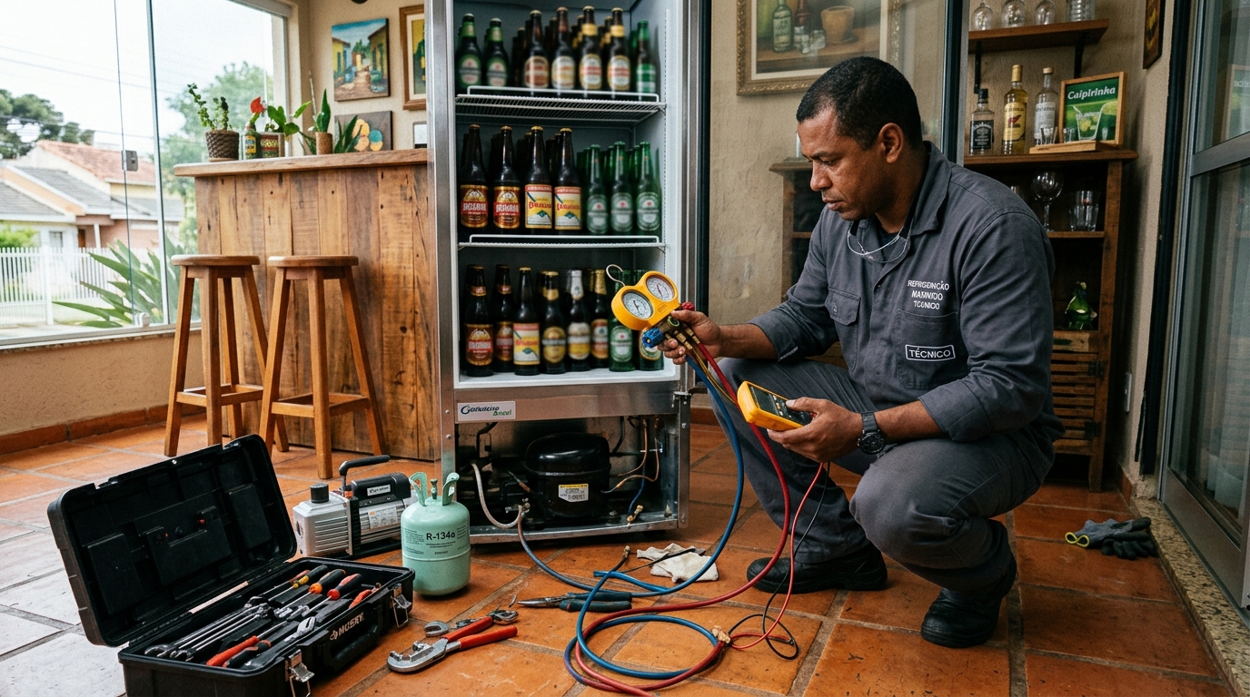 Técnico realizando manutenção de motor de cervejeira em Piracicaba‑SP