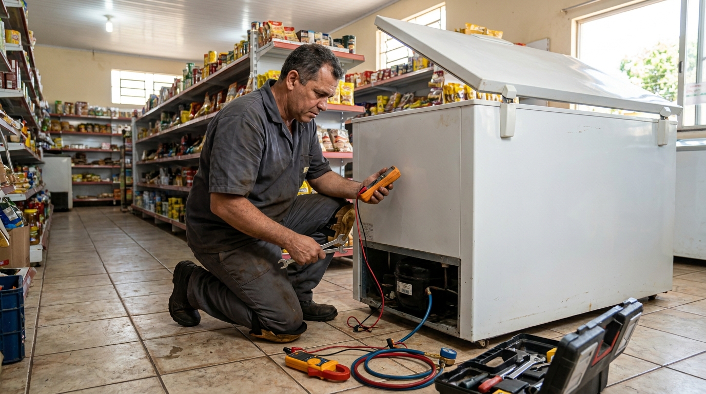 Troca de termostato de freezer em atendimento técnico em Piracicaba‑SP